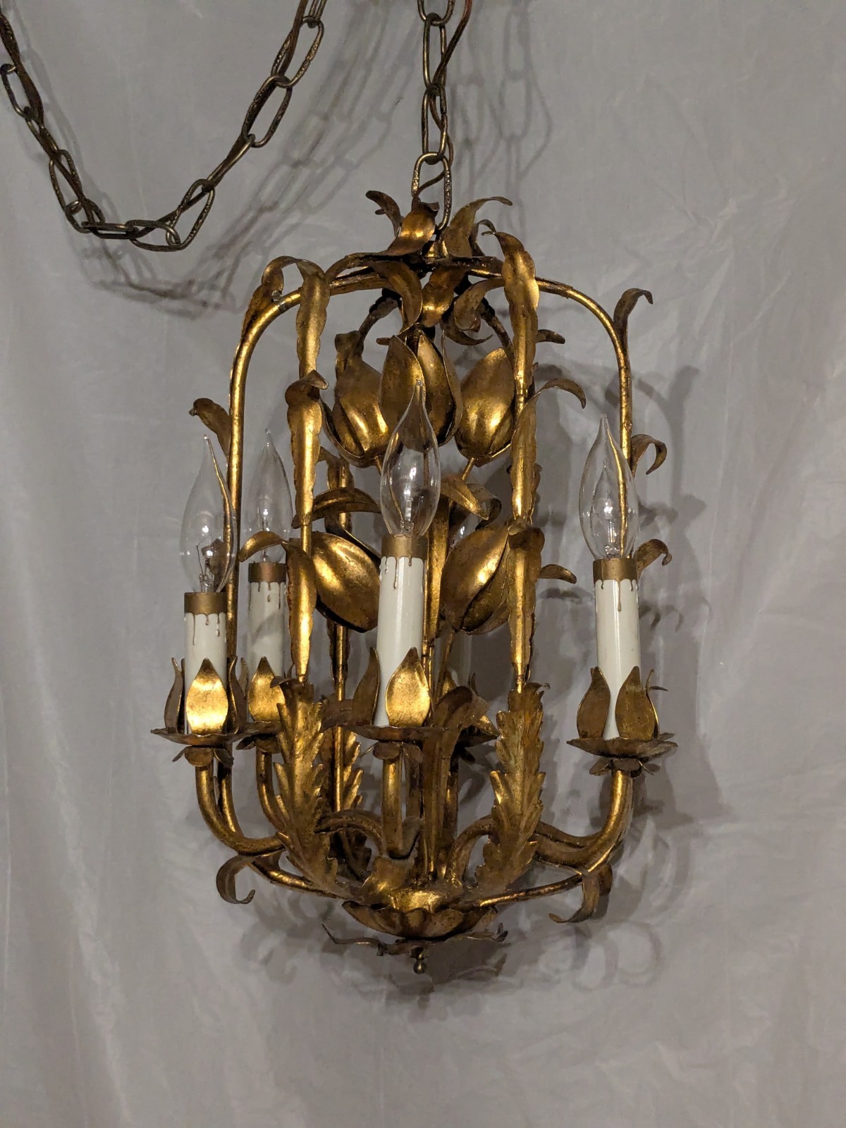 Italian Gilt GoldTole Italy Swag Light  Chandelier Hollywood Regency Mid Century