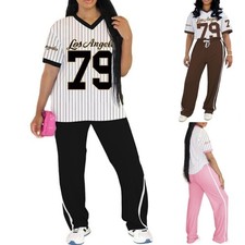 Womens 2Pcs Outfits Sets Summer Casual Jersey Shirts High Waisted Pants Sets