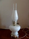 Vtg Milk Glass Hobnail  3 Way Table Lamp w/Glass Chimney