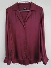Quince Wine Washable Stretch Silk Notch Collar Blouse Women Size L Office Preppy