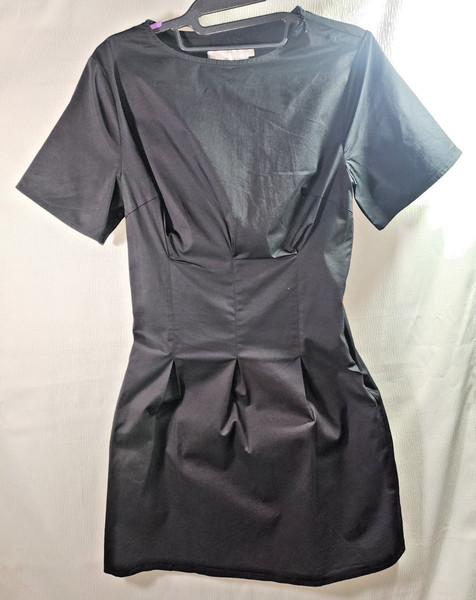 Johansen Black Cotton Mini Dress Box Pleat Short Sleeve Fitted Shift Size M AU