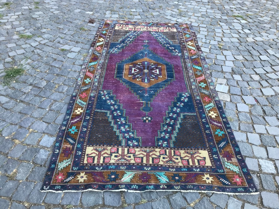 Богемский небольшой ковер ручной работы шерстяной ковер турецкий винтажный традиционный ковер 4,2 x 8,2 фута - Изображение 4 из 4