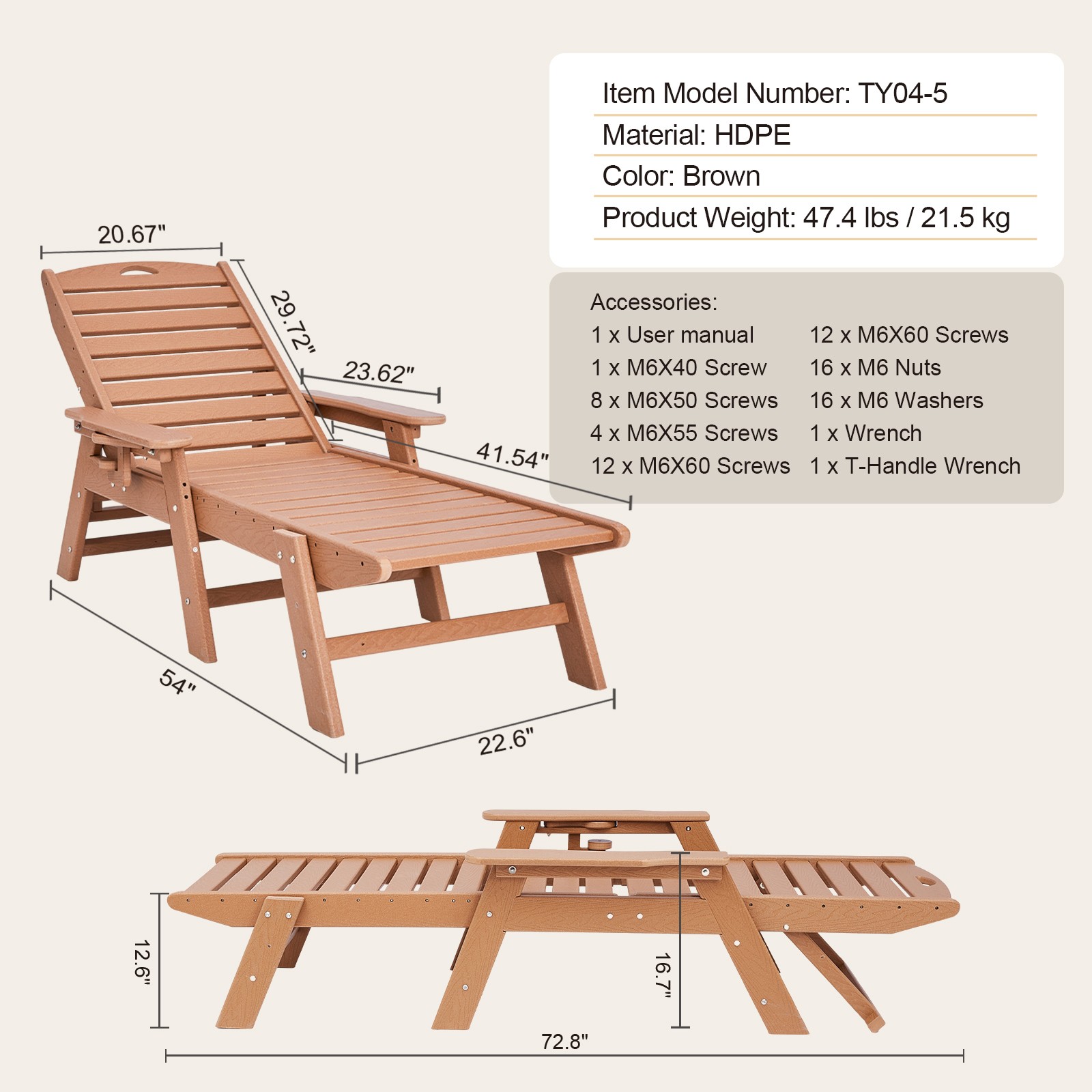 Outdoor Chaise Lounge Chair Adjustable Patio Reclining Bench Lounger Pool Brown