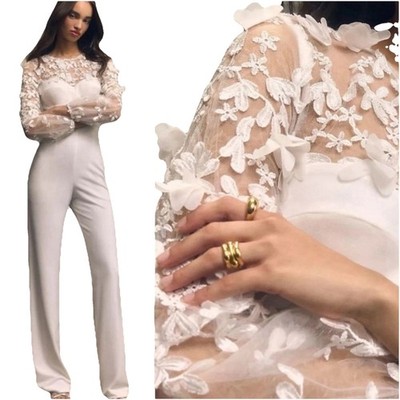 Dress the Population Mila Long Sleeve White Lace Jumpsuit