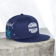 Homme Femme Embroidered Gemstone Empire State Of Mind Navy Snap Back Cap