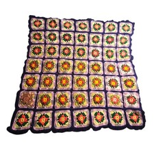 Vtg Homemade Floral 3D Crochet Granny Square Lap Blanket Project Piece 36x36