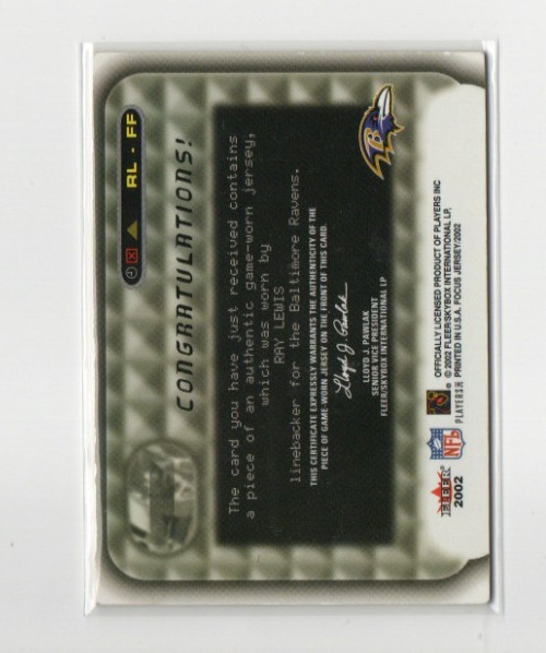 2002 Fleer Focus - Ray Lewis Game-Used Jersey #RL-FF (MEM) - HOF EX view 2