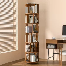 6 Tier Solid Wood Rotating Bookshelf on Wheels, 360° Spinning Book Shelf Towe...