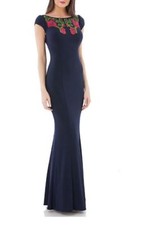 JS Collections Navy Blue Floral Embroidered Stretch Jersey Mermaid Gown Dress 8