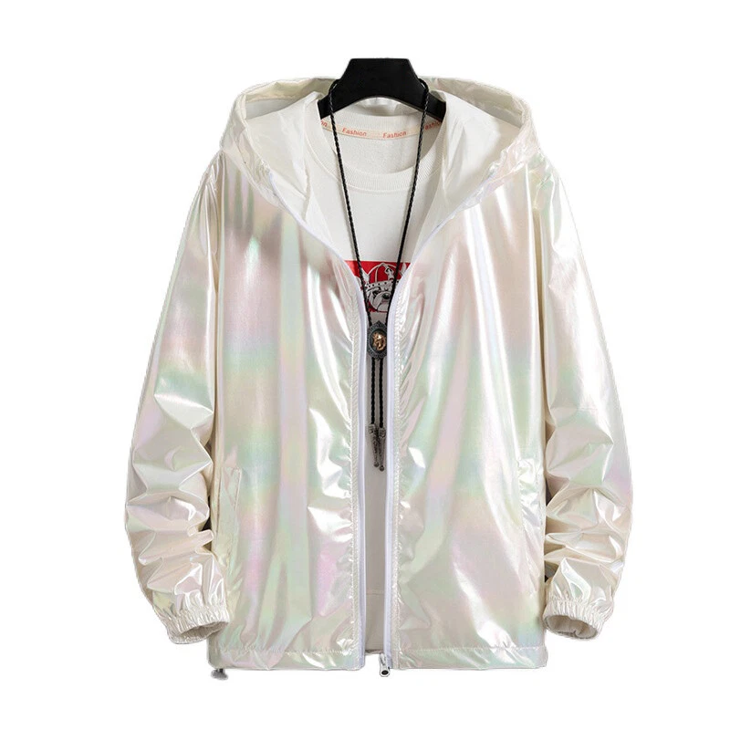 Women Men Hooded Coat Iridescent Shiny Holographic Jacket Top Fashion Hip Hop - Image 2 of 4