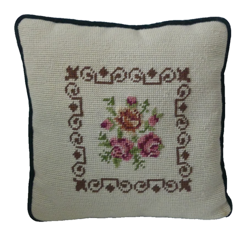 Floral Needlepoint Throw Pillow Zipper Cover Green Velvet Victorian Vintage