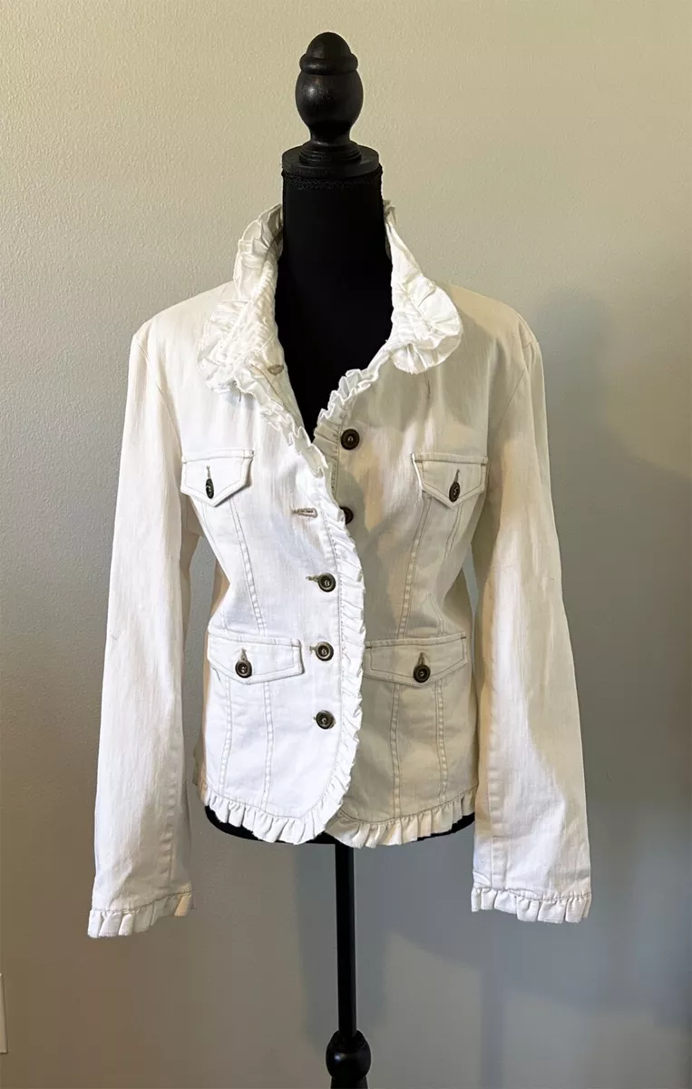 Sweet Jade White Button Front Ruffled Denim Jacket NWT fully lined size L