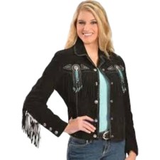 Scully Native Western Black Suede Jacket Fringe Beads Silver Turquoise Womens 12