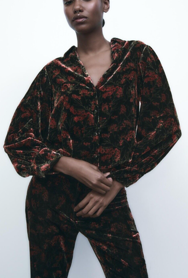 ZARA Black Red Floral Printed Velvet Blouse M UK 10 12 'Charlotte' Top