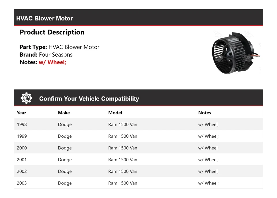 Мотор вентилятора для фургона Dodge Ram 1500 1998-2003 годов выпуска 4 сезона 1999 2000 2001 2002 - Изображение 2 из 4