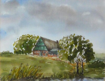 Ingrid Jensen (*1939) schickes Aquarell: BAUERNHOF IN DER KREMPER MARSCH
