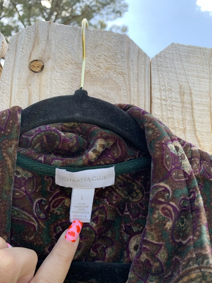 Women's Quilted Velour Vest large Charter Club green purple zip up paisley - Image 4 of 4