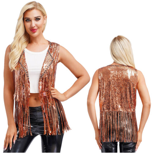 Women Vest Lapel Waistcoat Sparkly Shrug Tassel Cardigan Open Front Top Disco - Picture 24 of 41