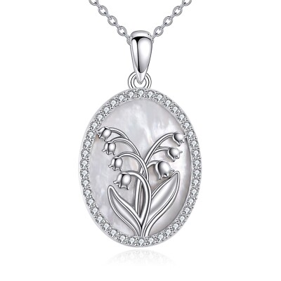 URONE Flower Necklace 925 Sterling Silver Birth Flower Pendant Mother of Pear...
