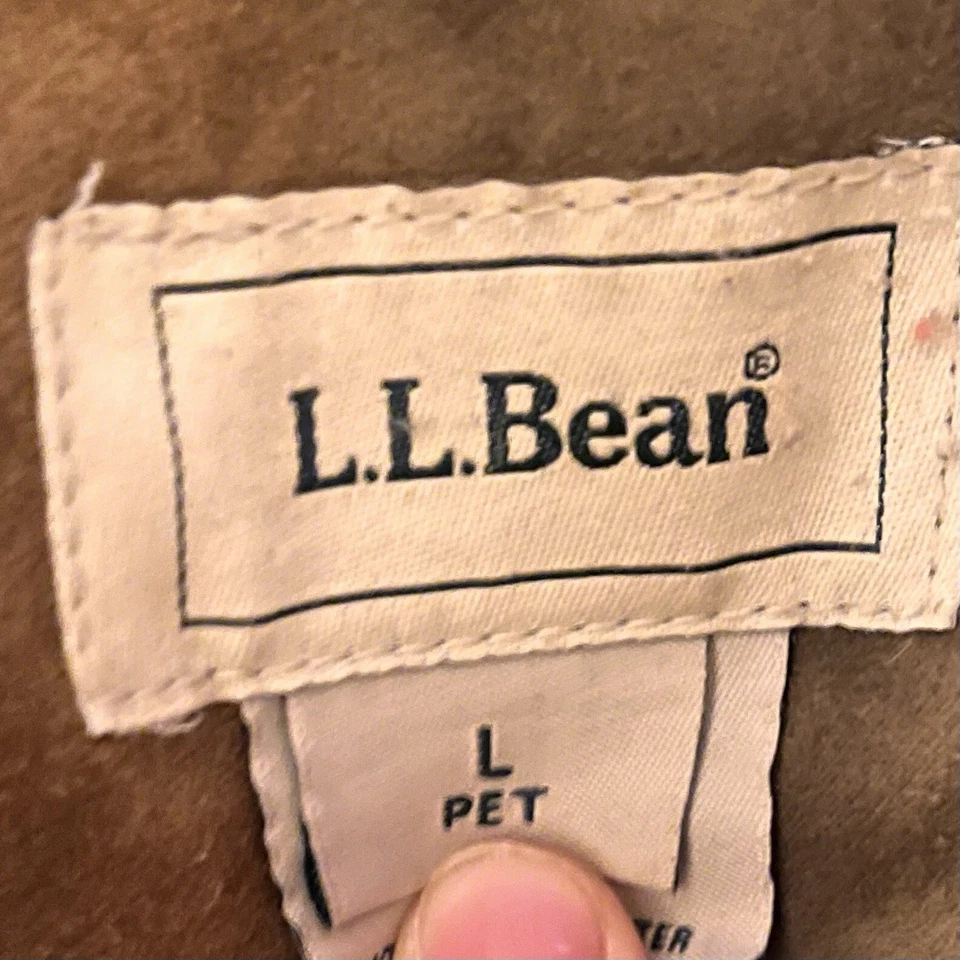 LL Bean Goose Down Jacket Womens L Petite Brown Faux Suede Button Up Puffer - Image 3 of 3