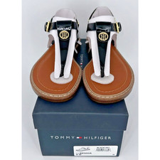 Tommy Hilfiger Bennia Mujer Negro Blanco T-Strap Tanga Sandalias Planas 8M NUEVO