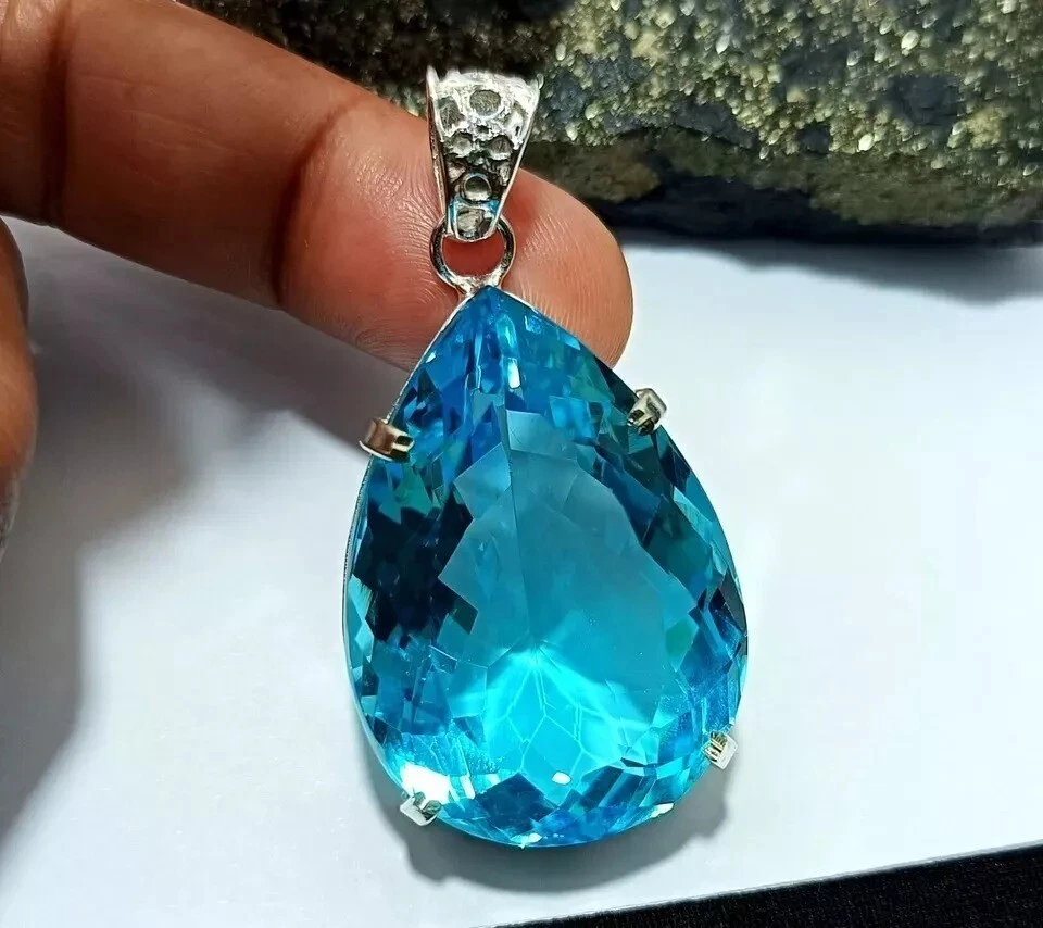 Natural 98 Ct+ Aquamarine Topaz 925 Solid Silver Pendant Pear Cut Gemstone - Image 3 of 4