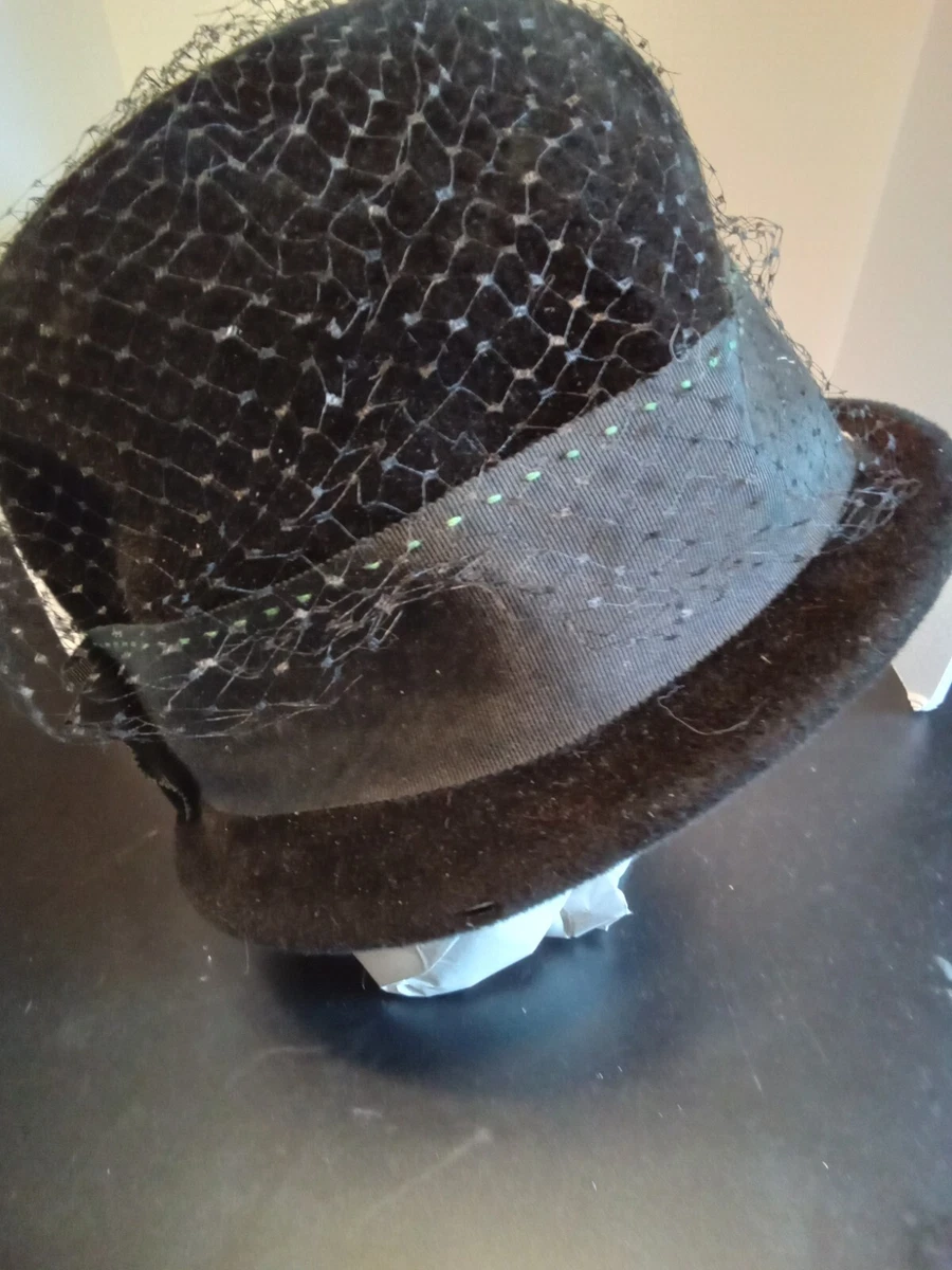 Vintage Merrimac Peachbloom Velour Black Fur Felt Hat Birdcage Veil Green Stitch Vintage 1950s Walter King Black Peachbloom Velour Hat  main image 4