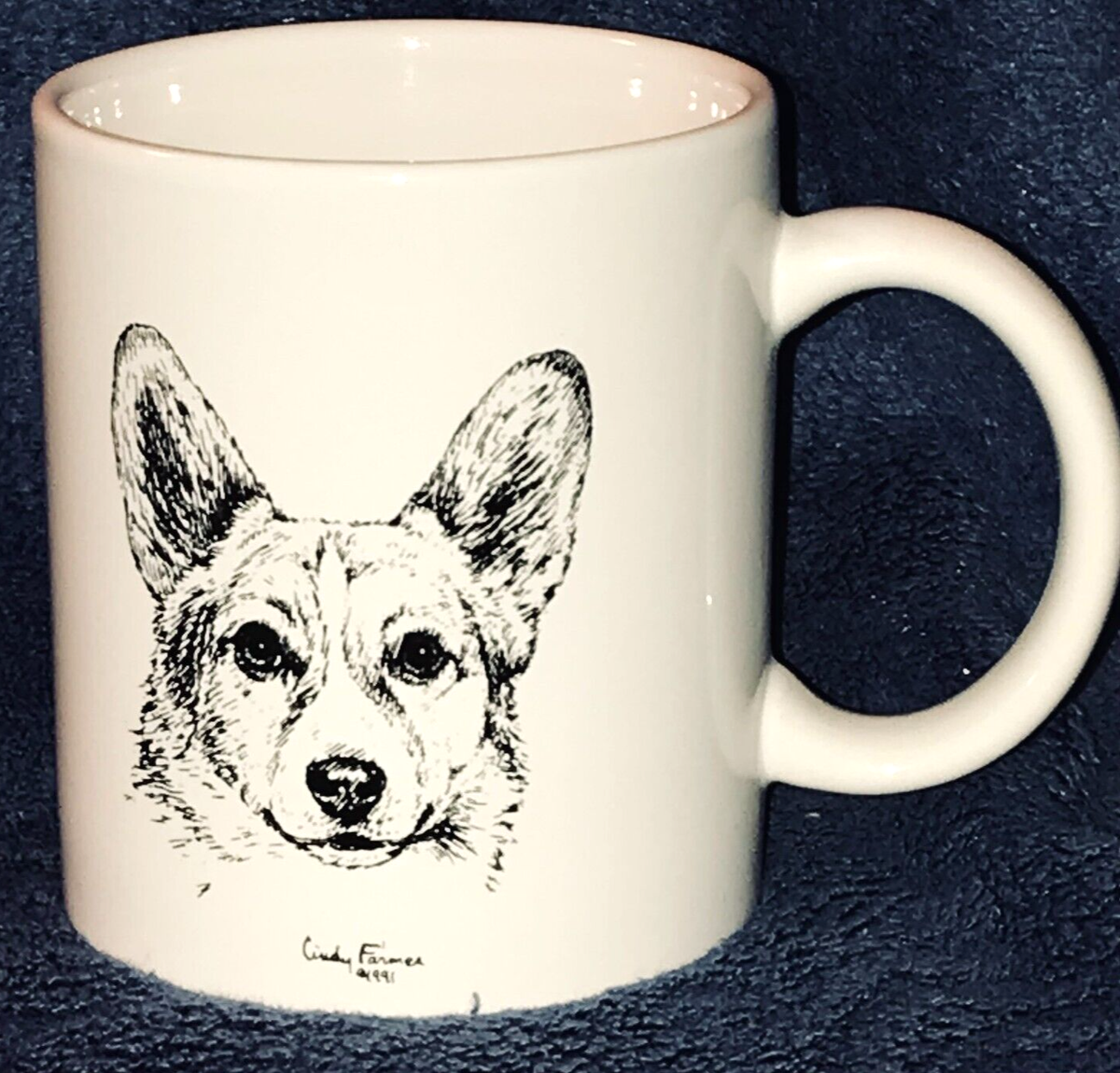 1991 CINDY FARMER WELSH CORGI WHITE PICTURE COFFEE MUG EXCELLENT CONDITION