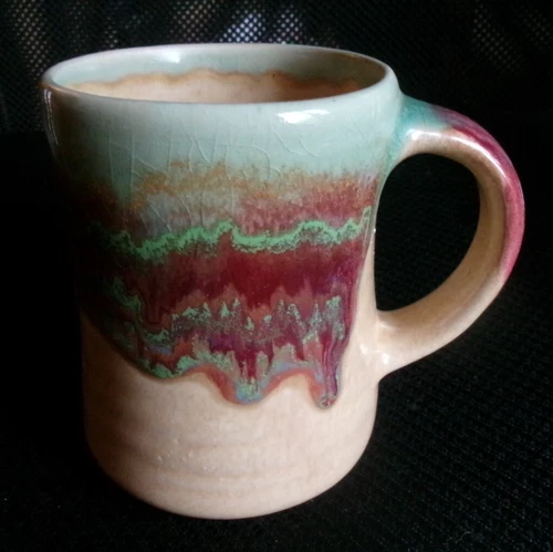 Vintage   Art Pottery Stoneware Mug Purple Tan Green Drip Glaze Signed OF4