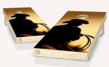 Cowboy at Sunset Silhouetted Horse Cornhole Board Vinyl Wrap Laminated Sticker