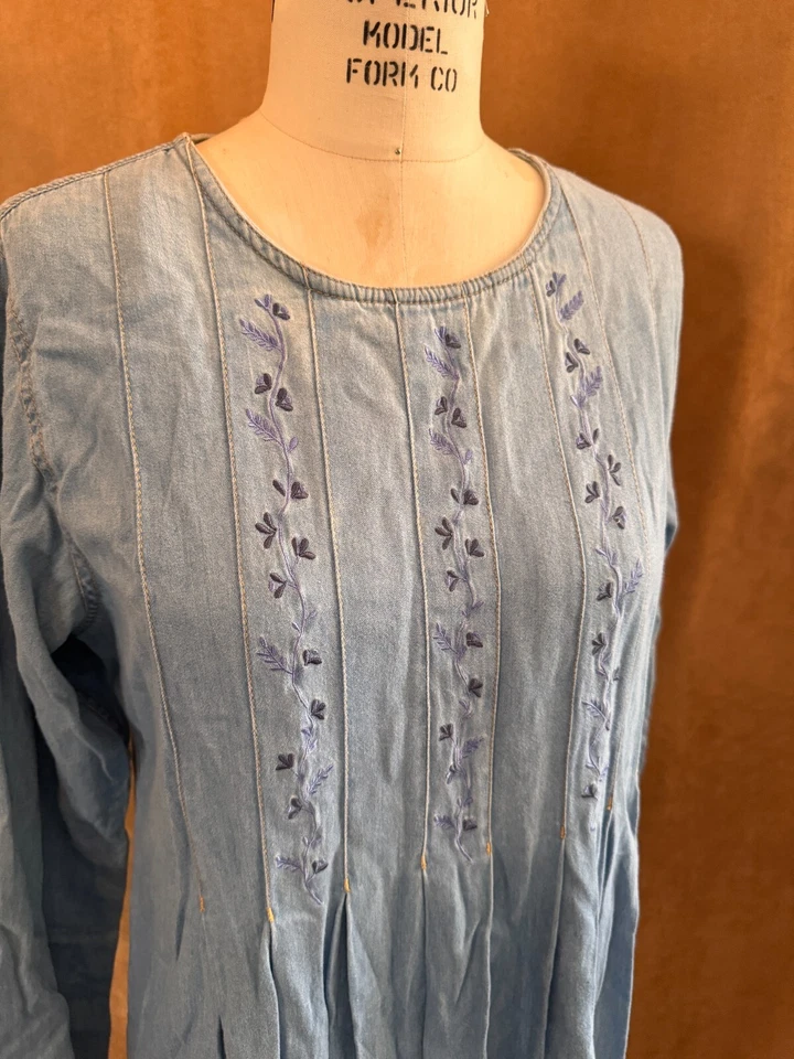 14 Liz Claiborne usar vestido vaquero vintage bordado floral algodón azul mujer Foto 4 de 4