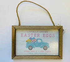  Pastel Easter Blue Truck With Eggs Wooden Hanging Sign Tiered Tray Home Decor