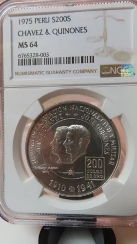 1975 PERU SILVER 200 SOLES S200S CHAVEZ & QUINONES NGC MS 64 GEM BU BEAUTY