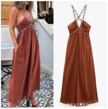 ZARA new cotton  beaded  brown summer dress size S Bloggers Fav 