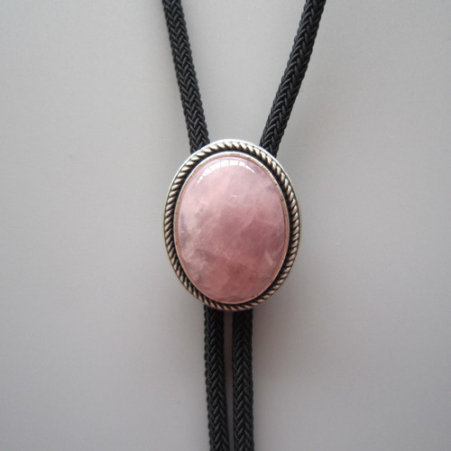 BOLO TIE CRAVATE WESTERN PLAQUE ARGENT QUARTZ ROSE - Picture 4 of 4