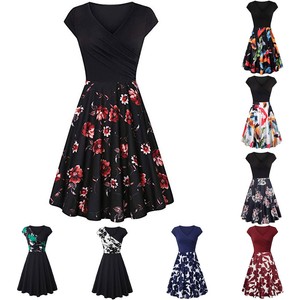 Women-Bow-Short-Sleeve-Cross-V-Neck-Dresses-Vintage-Elegant-Flared-A-Line-Dress