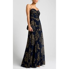 Lauren Ralph Lauren Navy Gold Metallic Damask Maxi Evening Gown Dress 16
