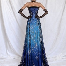 Vintage Y2K Blue Strapless Satin Mesh Ombre Fit Flared Maxi Prom Dress Size XS