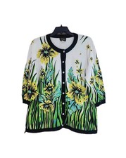 Bob Mackie Wearable Art Sweater Plus 3X Floral Cardigan Button 3/4 Sleeve
