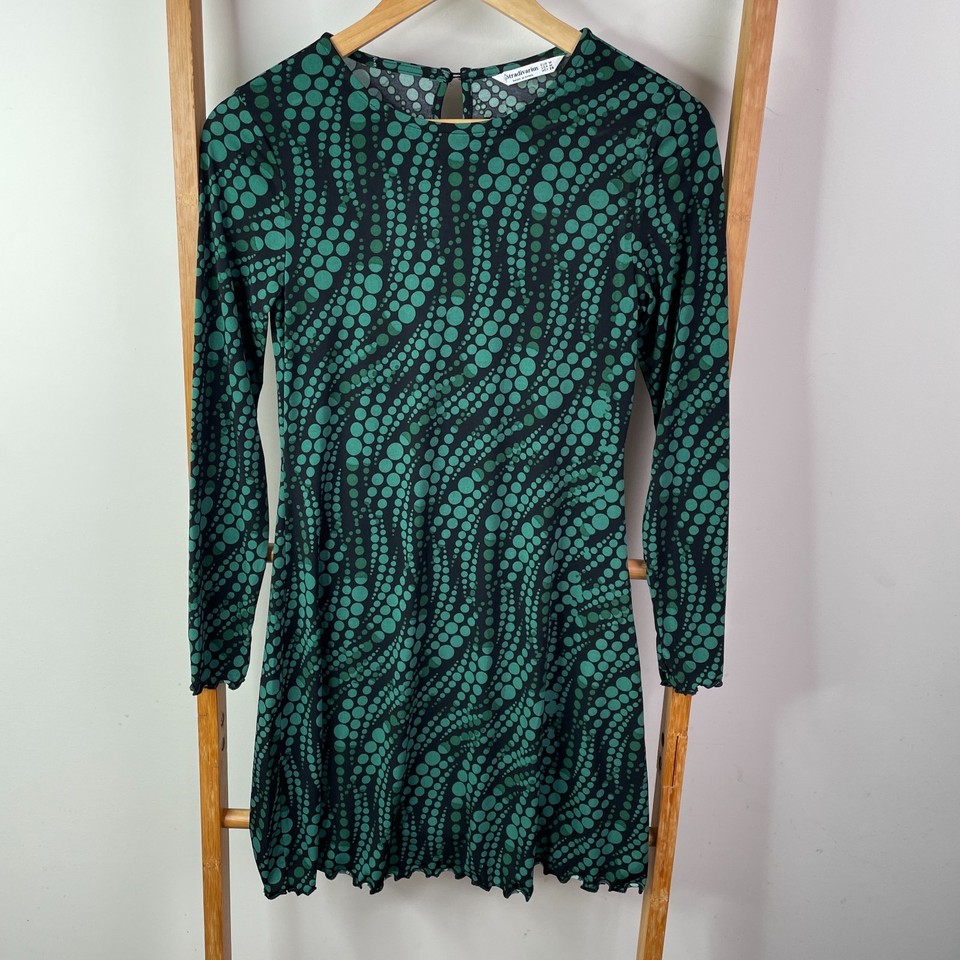 Stradivarius Mini Dress Womens Medium Green Polka Dot Long Sleeve Stretch Party