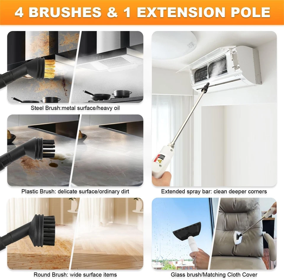 Pulitore a Vapore, 1100ML/2500W Alta Potenza, Pulitore Portatile con 6 Bianco  - Immagine 3 di 4