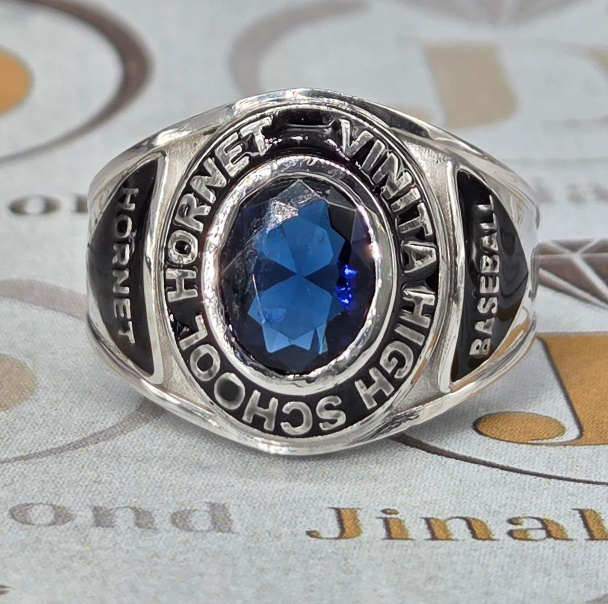 Custom Engraved High School Class Ring 925 Silver Blue Stone
