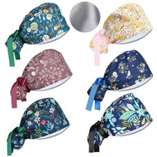 Satin Lined Adjustable Scrub Caps Ponytail Working Hat Buttons Sweatband