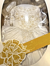 Vtg 80s Ivory Satin Beaded Wedding Gown Dress Train Puff Sleeve Pallas Athena 10