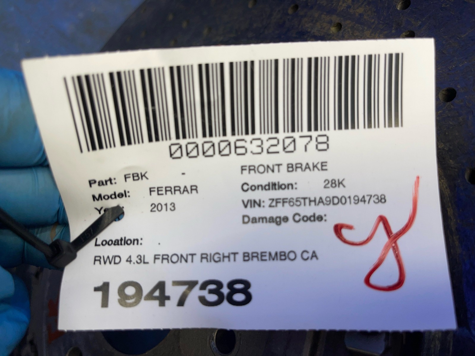 2008-2014 FERRARI CALIFORNIA RWD 4.3L FRONT RH BREMBO DRILLED BRAKE DISC ROTOR