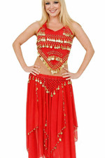 Red Belly Dance Costume Gold Coin Halter Top Skirt Set Women  s Dancewear Outfit