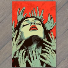 Art Print Surreal Woman Surrounded Hands Red Backdrop Striking Face Grasping