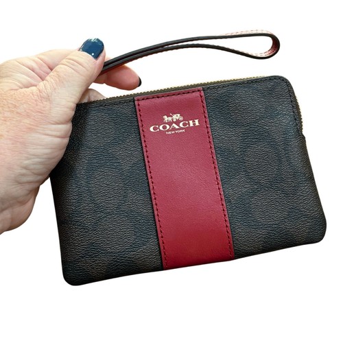 Coach pebbled leather wristlet wallet black/brown signature logo & red trim - Picture 8 of 8