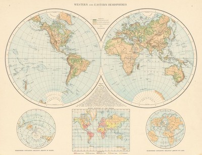 Welt Zwillingshalbkugeln. Western und Eastern. DIE ZEIT 1895 alte antike Karte