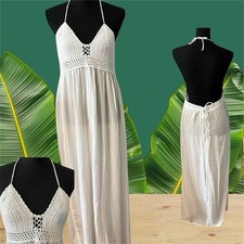 White Crochet Maxi Dress – Sleeveless Bohemian Beach Cover-Up, Size Larg